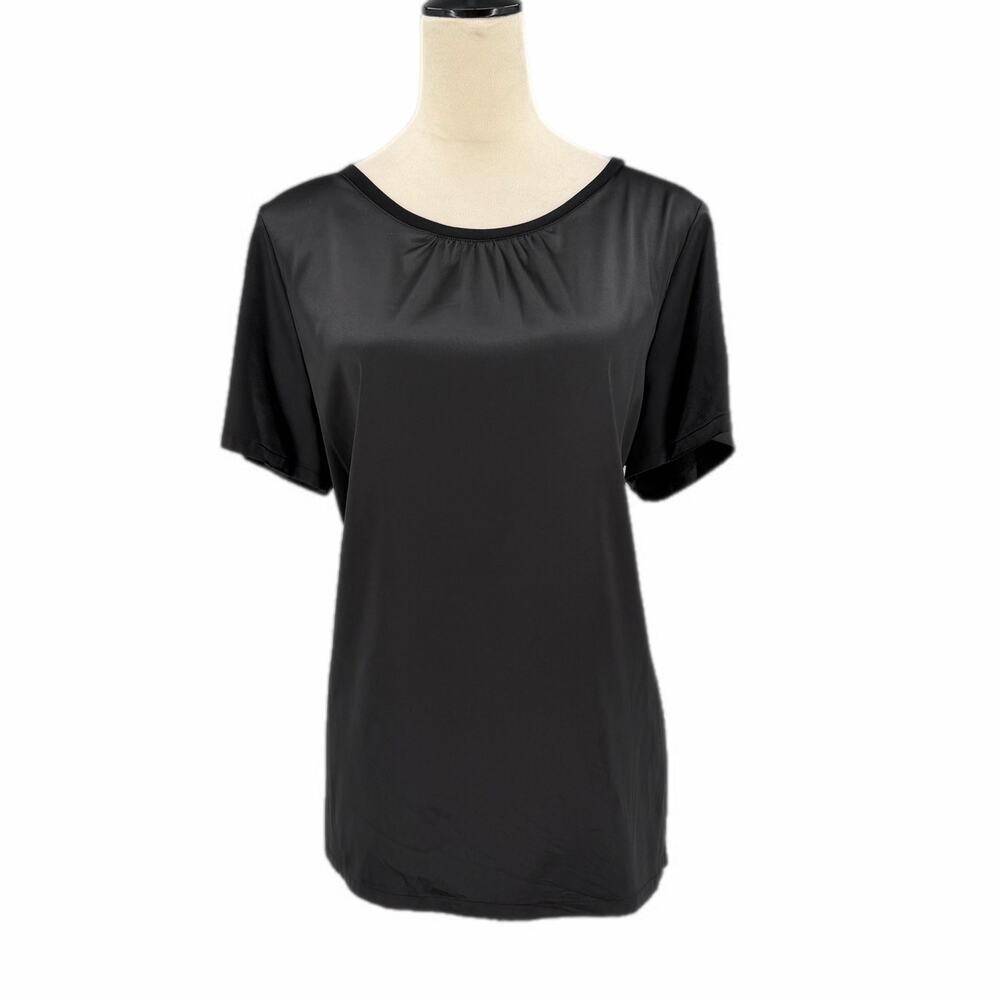 Classics By Worth Black Gathered Relaxed Satin Knit Contrast Short Sleeve Top